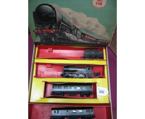 Trix T.T.R 4-4-0 Locomotive "Dover" R/No. 30911 and Six Wheel Tender, plus two coaches No. S31595, green/black-deflector deta