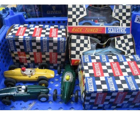 Four Original Scalextric Cars, a C79 Ofeenhauser in blue, two Formula Coopers and a race tuned Javelin, two boxed. All playwo