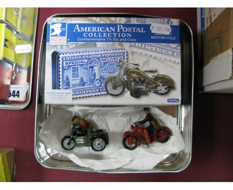 Two White Metal Model Motorcyclists, #I 'Post Office Telephones' with Sidecar, H2 'GPO'; together with a Shylling American Po