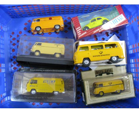 Six Diecast/Tinplate VW Models, approximately 1:43rd Scale by Solido, Vitesse, Tekno, Lledo and other, all with Postal liveri