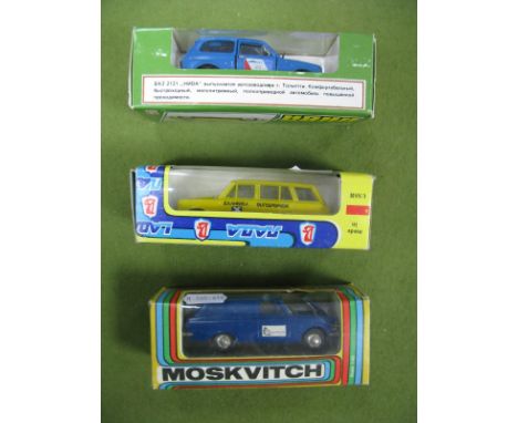 Three 1:43rd Scale Russian Diecast Model Cars, Moskvitch 'Post of Belarus', Lada 2121 St. Petersburg Post, Lada 'Post of Gree