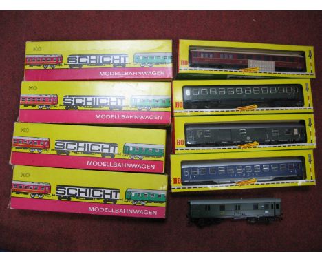 Nine 'HO' Gauge Continental Coaches, four Fleischmann Ref No.s 1502, 1503, 1504 and 1509, four "Schicht VEB Dresden" Ref. No.