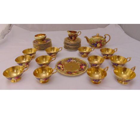 Aynsley Fallen Fruit teaset for twelve place settings to include a teapot, milk jug, sugar bowl, a cake plate, cups, saucers 