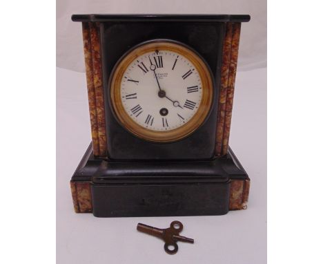Black slate marble mantle clock by JW Benson white enamel dial, Roman numerals, to include key, 22cm (h)