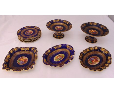 Crescent China dessert set to include plates, dishes and fruit stands decorated with roundels of flowers, fruits and leaves (