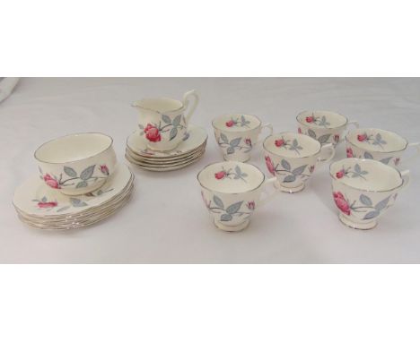 Royal Albert Trent Rose teaset for six place settings to include cups, saucers, plates, milk jug and sugar bowl (19)
