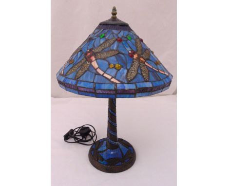 Tiffany style table lamp and shade decorated with dragon flies on raised circular base, 55cm (h)