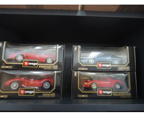 Four Burago 1:18 scale die-cast Ferrari sports cars, all boxed