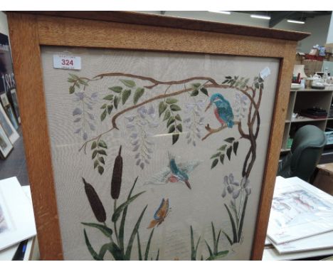 A mid 20th century golden oak frame firescreen having needlework Kingfisher inset