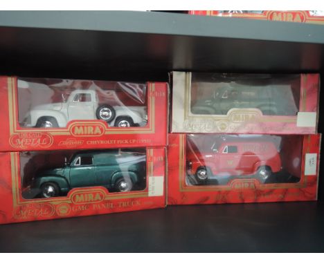 Four Mira 1:18 scale die-cast vintage vans, all in window boxes