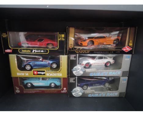 Six Burago, Guitoy and similar 1:18 scale die-cast cars, all in window boxes