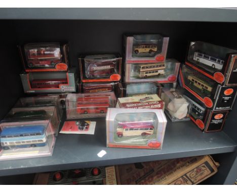 A shelf of EFE die-cast buses, Northern England interest including Ribble all in window display boxes, approx 20