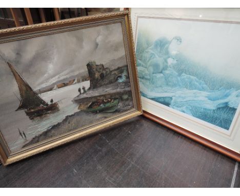 A print Ever Alert after JS Waide, 242/500 and a painting, harbour scene signed Ledda