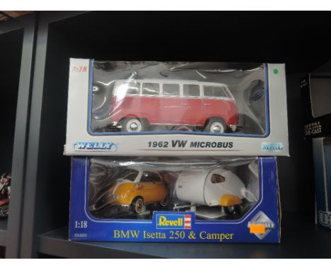 A Revell 1:18 scale die-cast BMW Isetta and camper and similar 1962 VW Microbus, both boxed