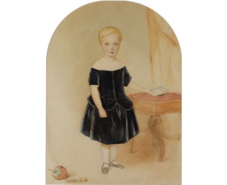 19th Century English School Portrait of a young child, standing beside a stool pencil and watercolour, 45 x 33cm (arched moun