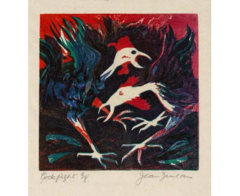 Jean Duncan (1933-2018) 'Cockfight' and 'Summer Garden' both signed, titled and numbered linocut (Cockfight) 10 x 10cm, etchi