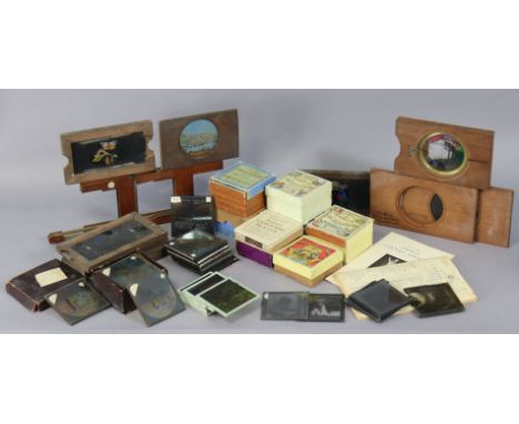 Various vintage assorted magic lantern sides, and associated items.