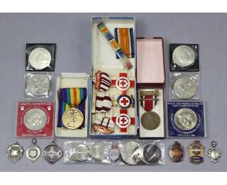 A First World War Victory medal awarded to Ptc. C. McLean, A.O.C.; three enamelled Red Cross medals; various 1930’s &amp; 40’