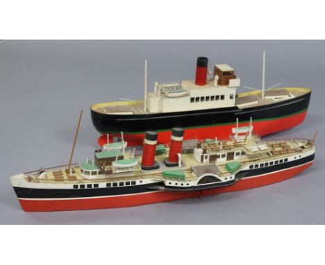 A painted wooden &amp; metal model steamboat fitted with a Mamod engine, 69cm long, and a painted wooden model paddle boat, 7
