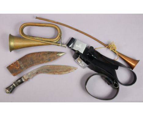 An Eastern Kukri; two light Infantry regiment dress belts; &amp; two copper horns. 