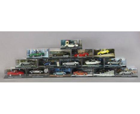 Sixteen “James Bond” car collection scale models, each with a window box. 