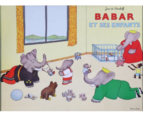 A large coloured nursery print after Jean De Brunhoff “BABER ET SES ENFANTS”, 59.25cm x 79.25cm, in a glazed frame.