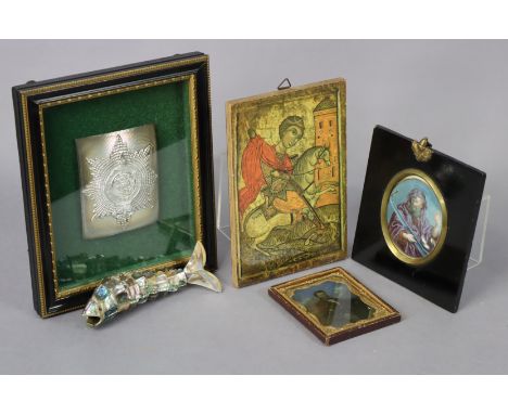 A modern study of St. George slaying the dragon, 18cm x 12.25cm; together with two miniature portrait studies; a silvered-met