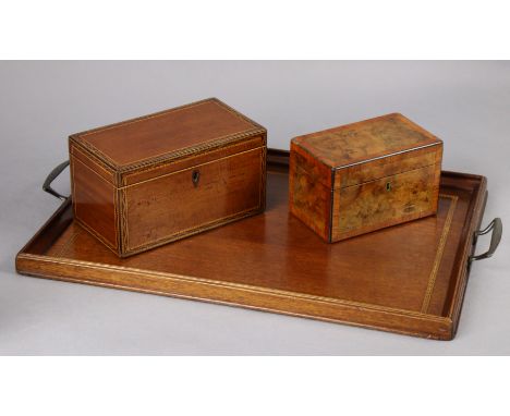 An early 19th century inlaid-mahogany two-division tea caddy, 23cm wide x 12.7cm high x 12.7cm deep; another in burr-walnut w
