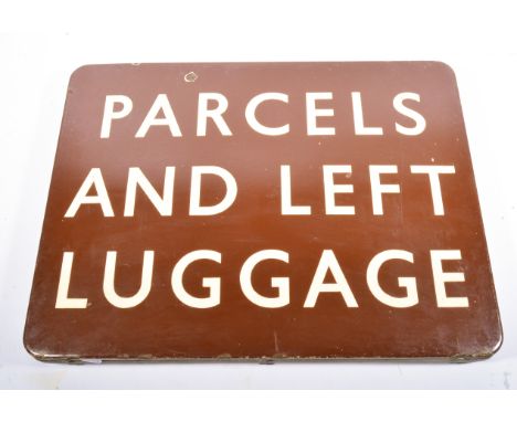 Railwayana original station platform double sided enamel sign, "Parcel and Left Luggage", 46cm tall and 61cm tall. 