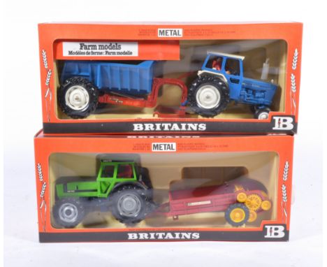 Britains Toys, Ford 6600 tractor and rear dump no.9630, Deutz DX100 tractor and manure spreader no.9596, both boxed, (2).