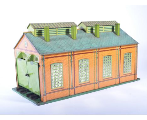 Hornby 0 gauge engine shed no.2, complete with all doors and chimneys, c1939-1941, no box.