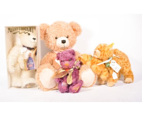 Steiff plush toy cat with kitten, large Steiff bear Lar 35, along with two Merrythought teddy bears, one boxed, all have tags