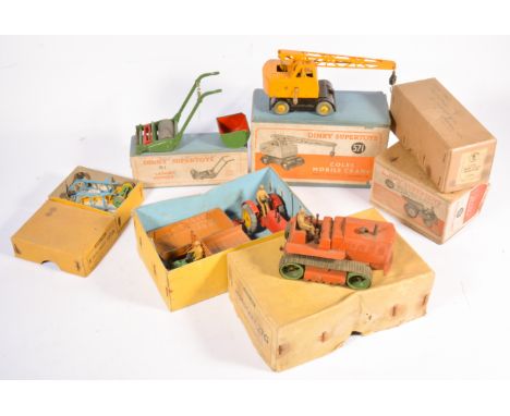 Dinky Toys diecast models no.27g Motorcar trade box with other construction models, to include, Massey Ferguson tractor, 2 x 