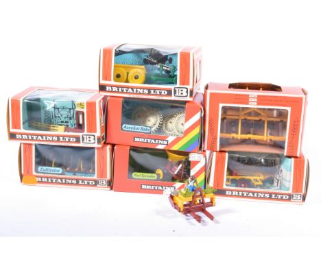 Britains Toys, Collection of tractor attachments including Acrobat Rake, Vari Spreader, Crop spray and others, (8). 