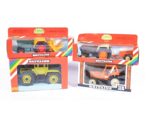 Britains Toys, Farm tractor and push off buck rake no.9432, farm tractor and mini trailer no.9431, Fiat 880DT tractor no.9528