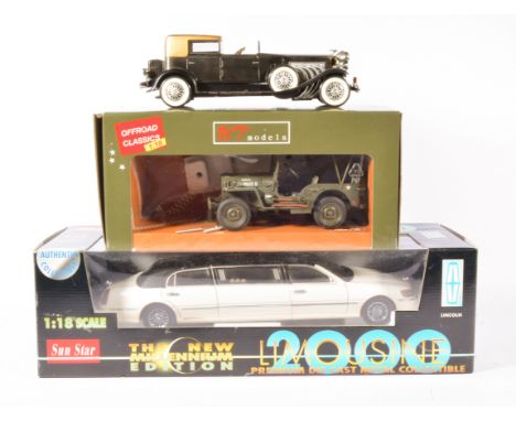 Sunstar Model Limousine 1:18 scale, VT models Jeep 1:18 scale, and a 1935 model car, (3).