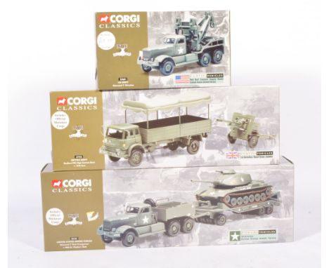 Corgi Toys diecast models from the Classic Military series, no.55101 United States Armed Forces, no.69902 British Army Bedfor