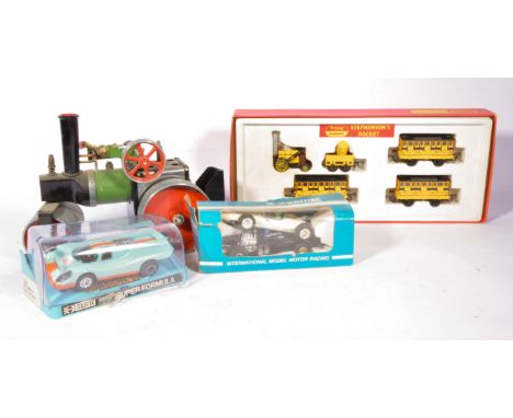 Tri-ang Hornby Stephensons Rocket set, Scalextrix cars, Mamod traction engine, along with other Tri-ang sets, a selection.