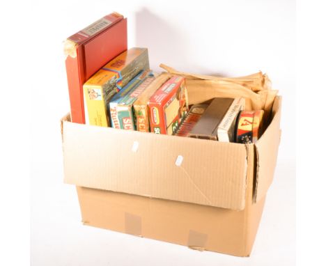 Childrens games and toys, a selection to include boardgames, chess pieces, plastic farm animals, push along brick trolly and 