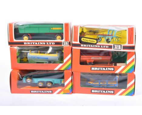 Britains Toys, Collection of tractor attachments and trailers, all boxed, including Rotary Manure Spreader, Bale Sledge and o