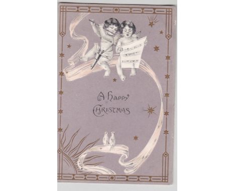 Postcard-Greetings-A delightful postcard embossed with two cherubs sitting on a moon of ribbon-one playing a flue the other s
