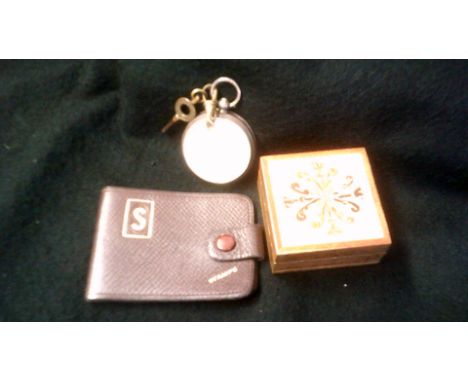 Mixed Lot-Leather Stamp Case-A boxed ring, yellow and white stones, with a built in re-sizer, and a ladies silver pocket watc