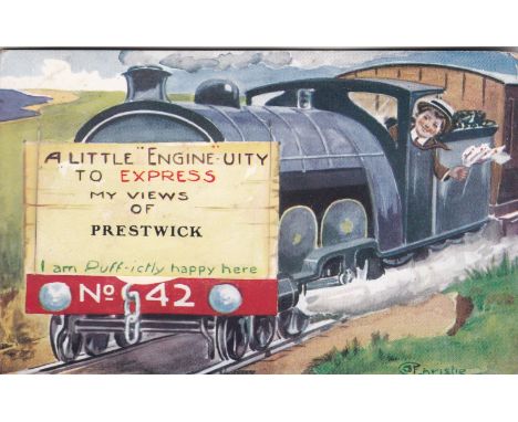 Postcard-Railway/Novelty-'A Little Engine Unity to Express my Views of Prestwick, series No.13 used 1914-W R &amp; S