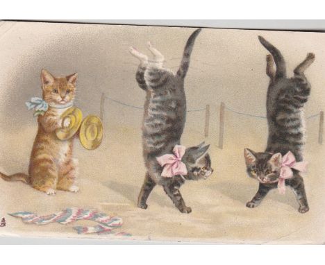 Postcard-Cats-Tricks Colour card(Bavarian) two black cats dancing, another playing cymbals 'Art' series 6775, used 1948 tiny 