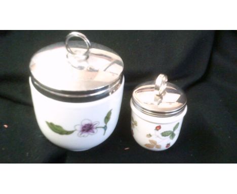 Royal Worcester Porcelain Pots (2) with Silver colour lids, flower design