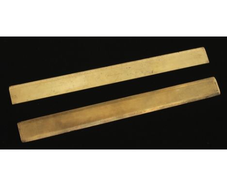 Two 12 1/2" surveyors brass scales by TROUGHTON & SIMMS London with Trig'l M Survey with Broad Arrow and another by ELLIOTT L