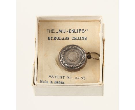 The MIJ-Eklips German plated eye glass chain pin Patent No 12855 Made in Baden in orig box G++  