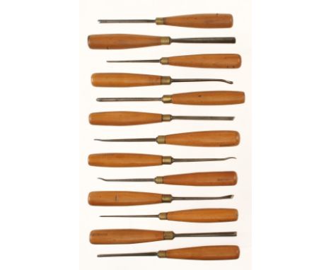 13 slender carving tools by FROST Norwich with beech handles G+