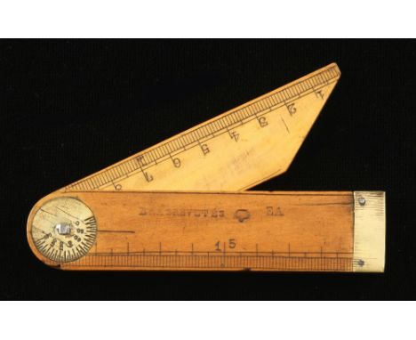 A most unusual 19c French boxwood 10cm combination rule, square and bevel with protractor hinge stamped E & A BREVETES Double