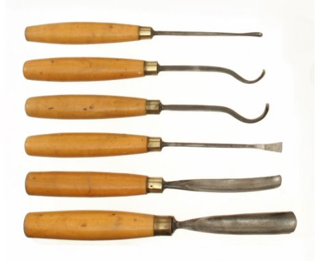 Six carving tools by ADDIS 1/8" to 7/8" with boxwood handles G+